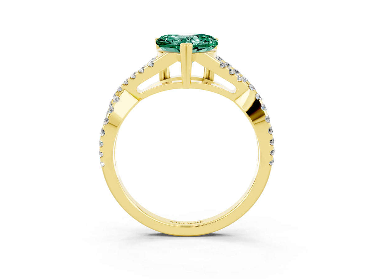 Heart Cut Green Sapphire Solitaire Ring in Yellow gold with Interwoven Pavé Band and Prong Setting_3