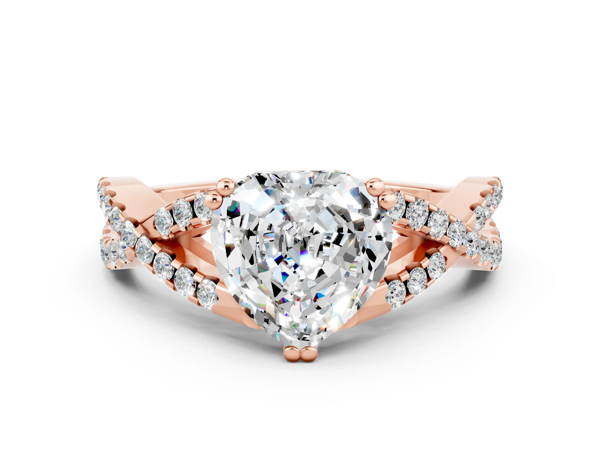 Heart Cut Moissanite Solitaire Ring in Rose gold with Interwoven Pavé Band and Prong Setting_12