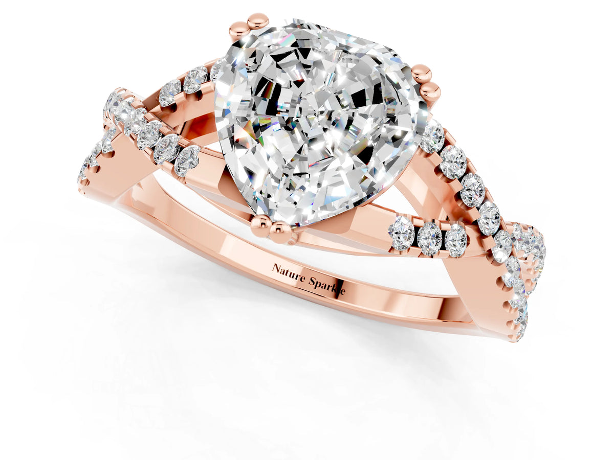 Heart Cut Moissanite Solitaire Ring in Rose gold with Interwoven Pavé Band and Prong Setting_13