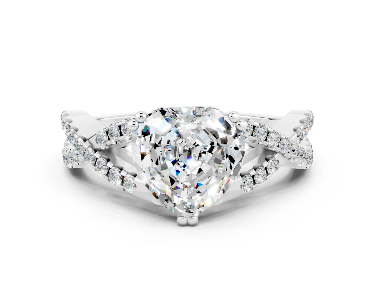 Heart Cut Moissanite Solitaire Ring in Silver with Interwoven Pavé Band and Prong Setting_6