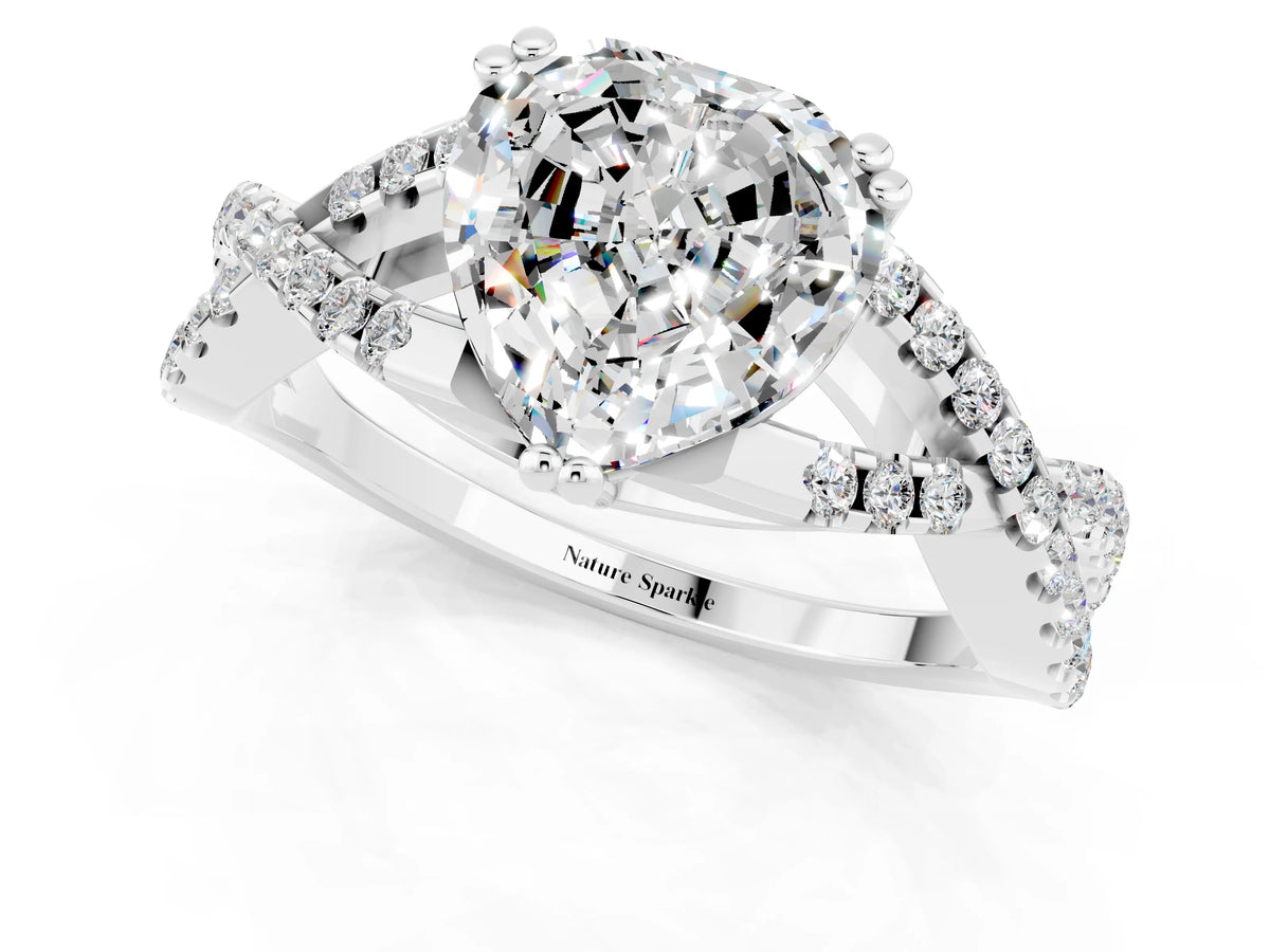 Heart Cut Moissanite Solitaire Ring in Silver with Interwoven Pavé Band and Prong Setting_7