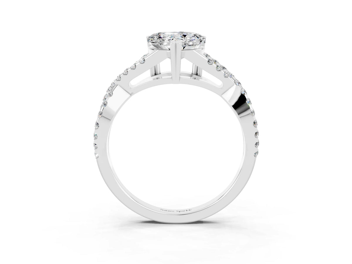Heart Cut Moissanite Solitaire Ring in Silver with Interwoven Pavé Band and Prong Setting_9