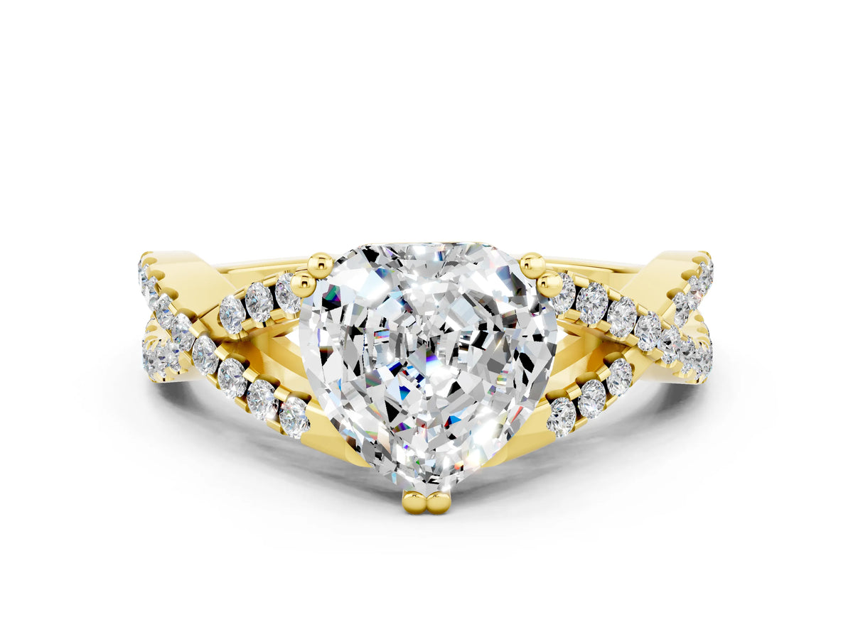 Heart Cut Moissanite Solitaire Ring in Yellow gold with Interwoven Pavé Band and Prong Setting