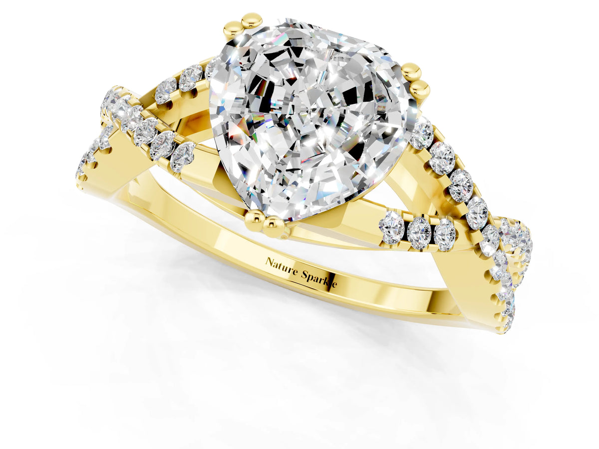 Heart Cut Moissanite Solitaire Ring in Yellow gold with Interwoven Pavé Band and Prong Setting_1