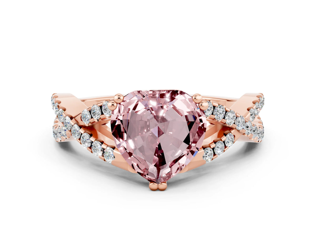 Heart Cut Morganite Solitaire Ring in Rose gold with Interwoven Pavé Band and Prong Setting