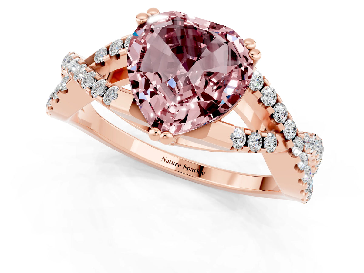 Heart Cut Morganite Solitaire Ring in Rose gold with Interwoven Pavé Band and Prong Setting_1
