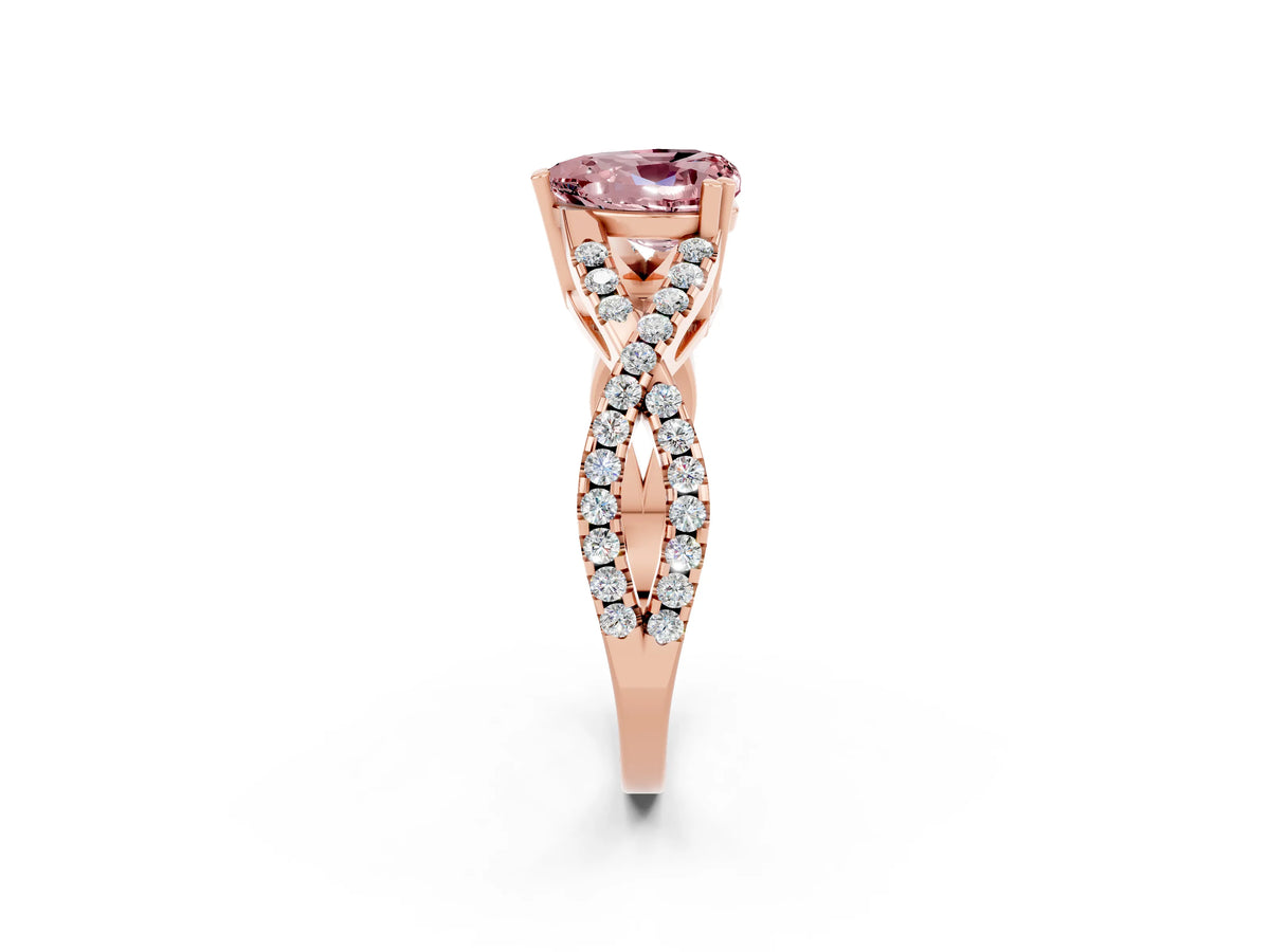 Heart Cut Morganite Solitaire Ring in Rose gold with Interwoven Pavé Band and Prong Setting_2