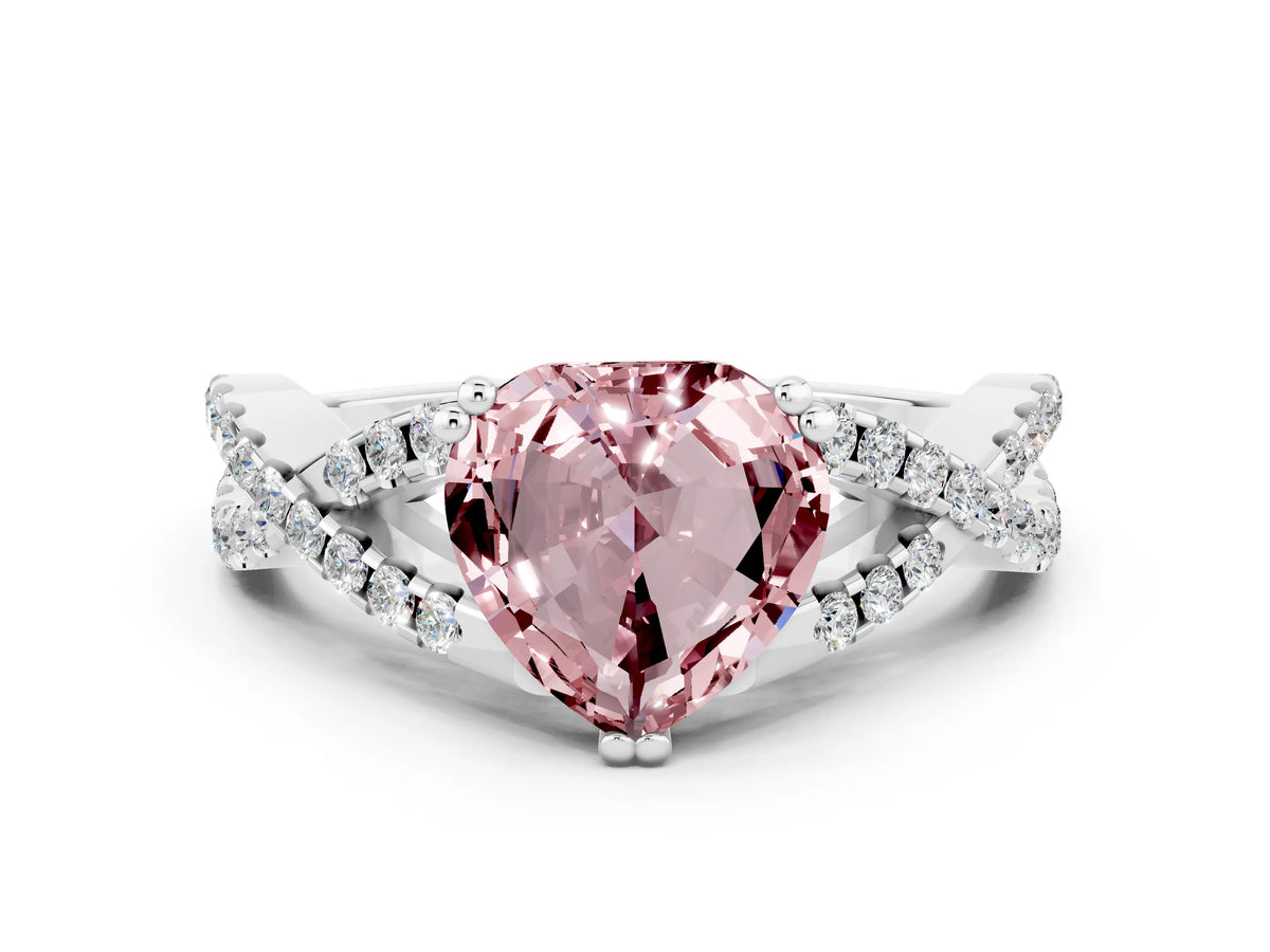 Heart Cut Morganite Solitaire Ring in Silver with Interwoven Pavé Band and Prong Setting_6