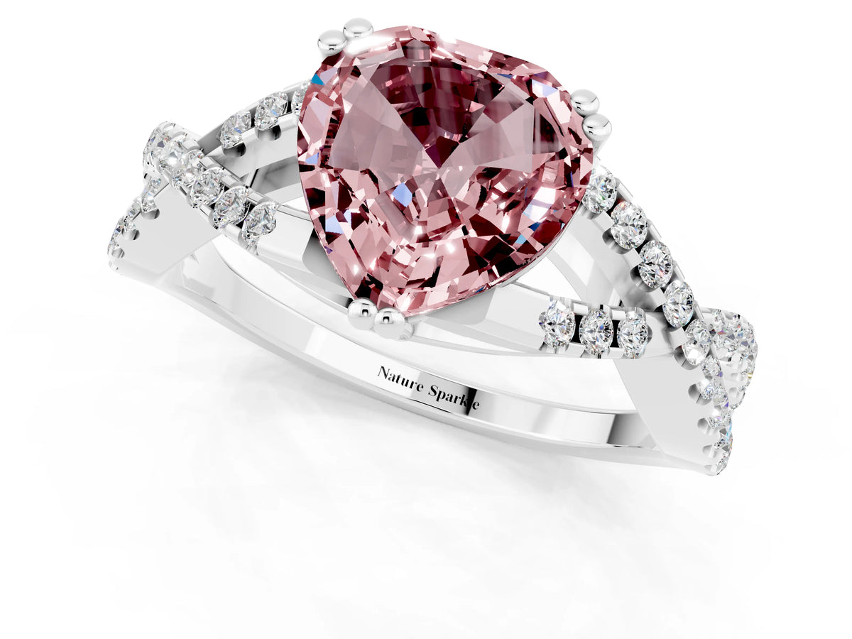 Heart Cut Morganite Solitaire Ring in White gold with Interwoven Pavé Band and Prong Setting_1