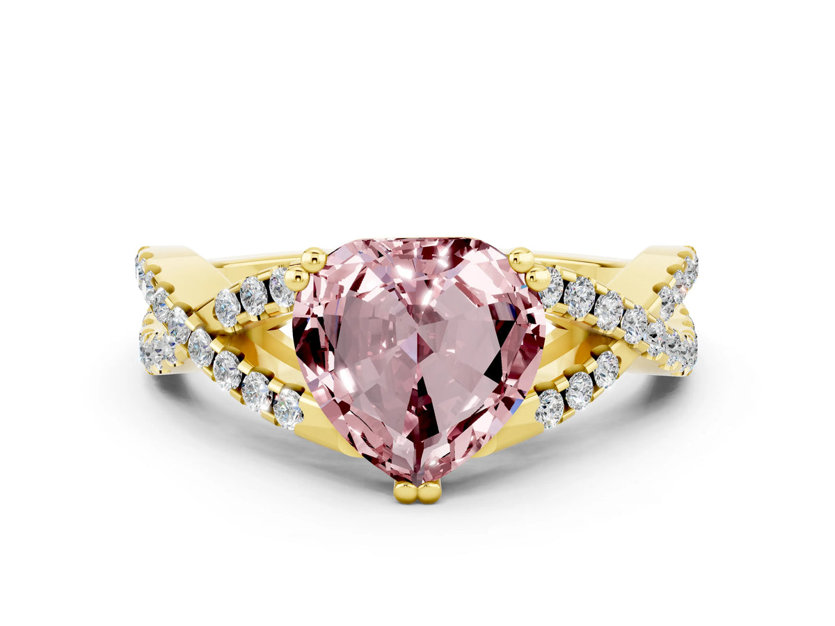 Heart Cut Morganite Solitaire Ring in Yellow gold with Interwoven Pavé Band and Prong Setting