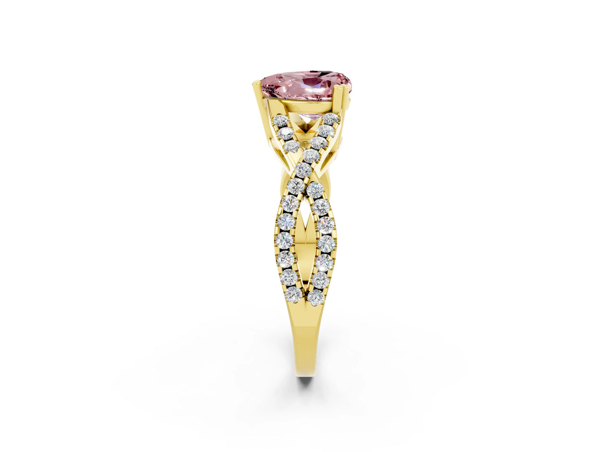 Heart Cut Morganite Solitaire Ring in Yellow gold with Interwoven Pavé Band and Prong Setting_2
