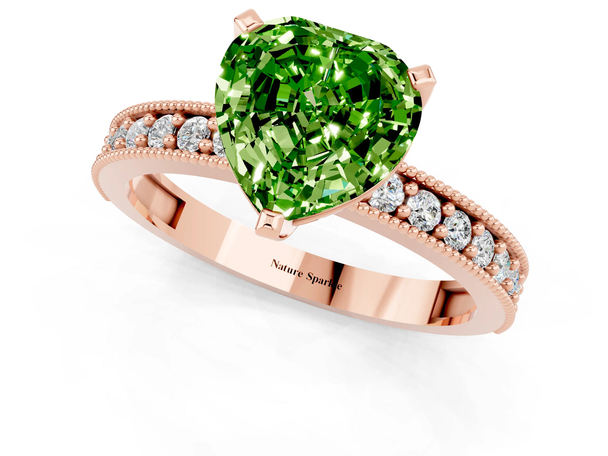 Heart Cut Peridot Milgrain Pavé Engagement Ring in Rose gold with Prong Setting_1