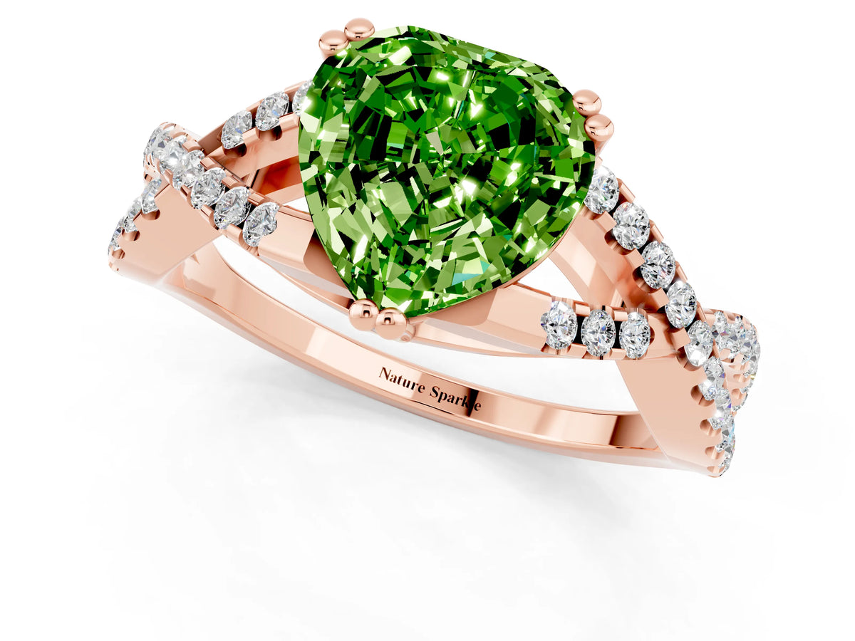 Heart Cut Peridot Solitaire Ring in Rose gold with Interwoven Pavé Band and Prong Setting_1
