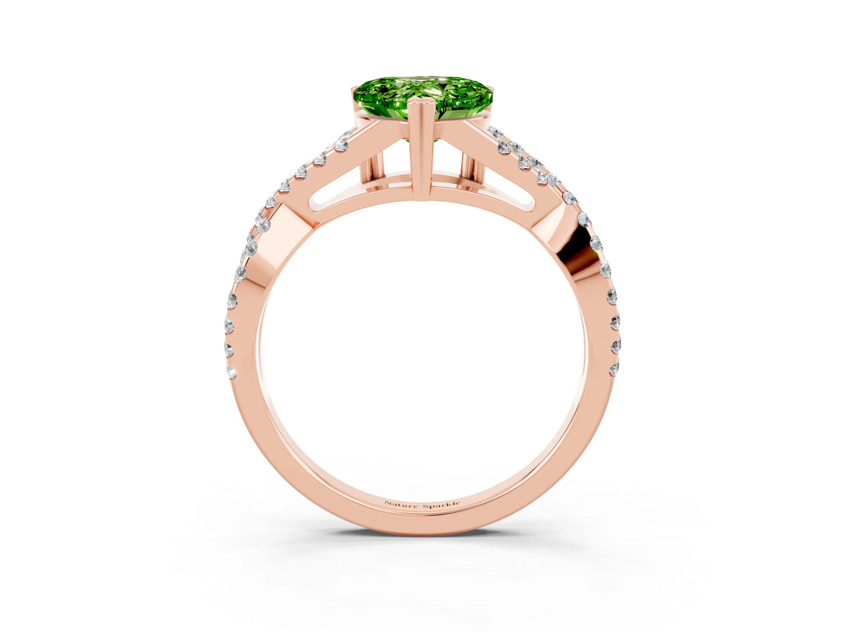 Heart Cut Peridot Solitaire Ring in Rose gold with Interwoven Pavé Band and Prong Setting_3