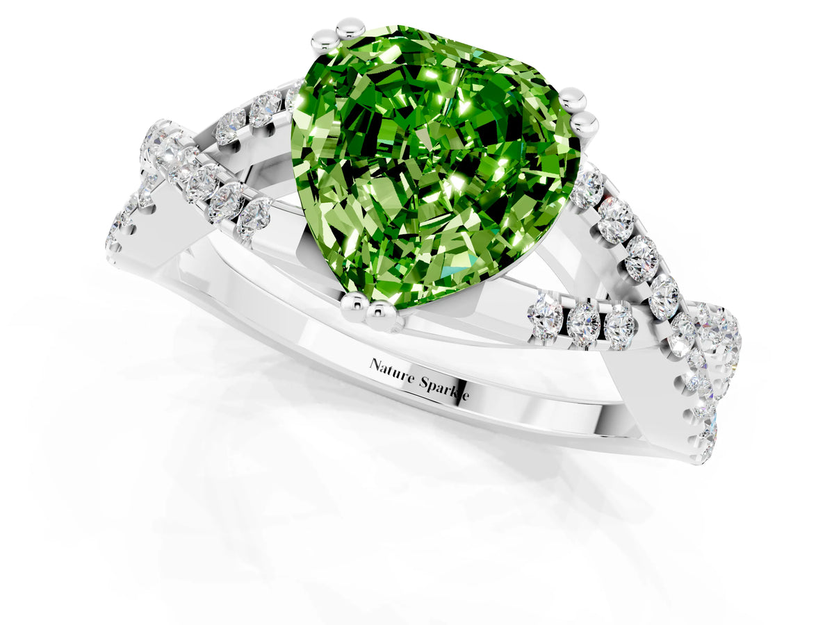 Heart Cut Peridot Solitaire Ring in Silver with Interwoven Pavé Band and Prong Setting_7