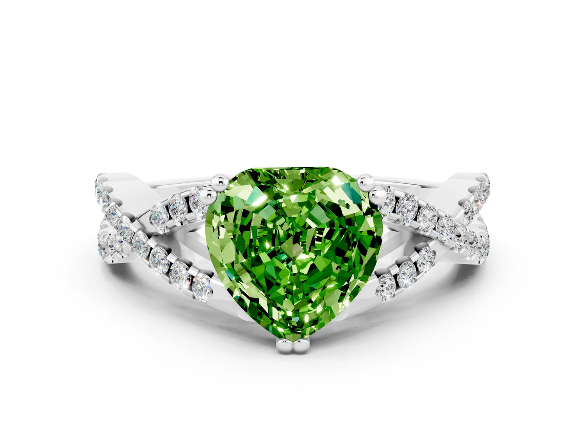 Heart Cut Peridot Solitaire Ring in White gold with Interwoven Pavé Band and Prong Setting