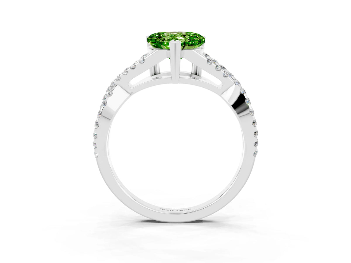 Heart Cut Peridot Solitaire Ring in White gold with Interwoven Pavé Band and Prong Setting_3