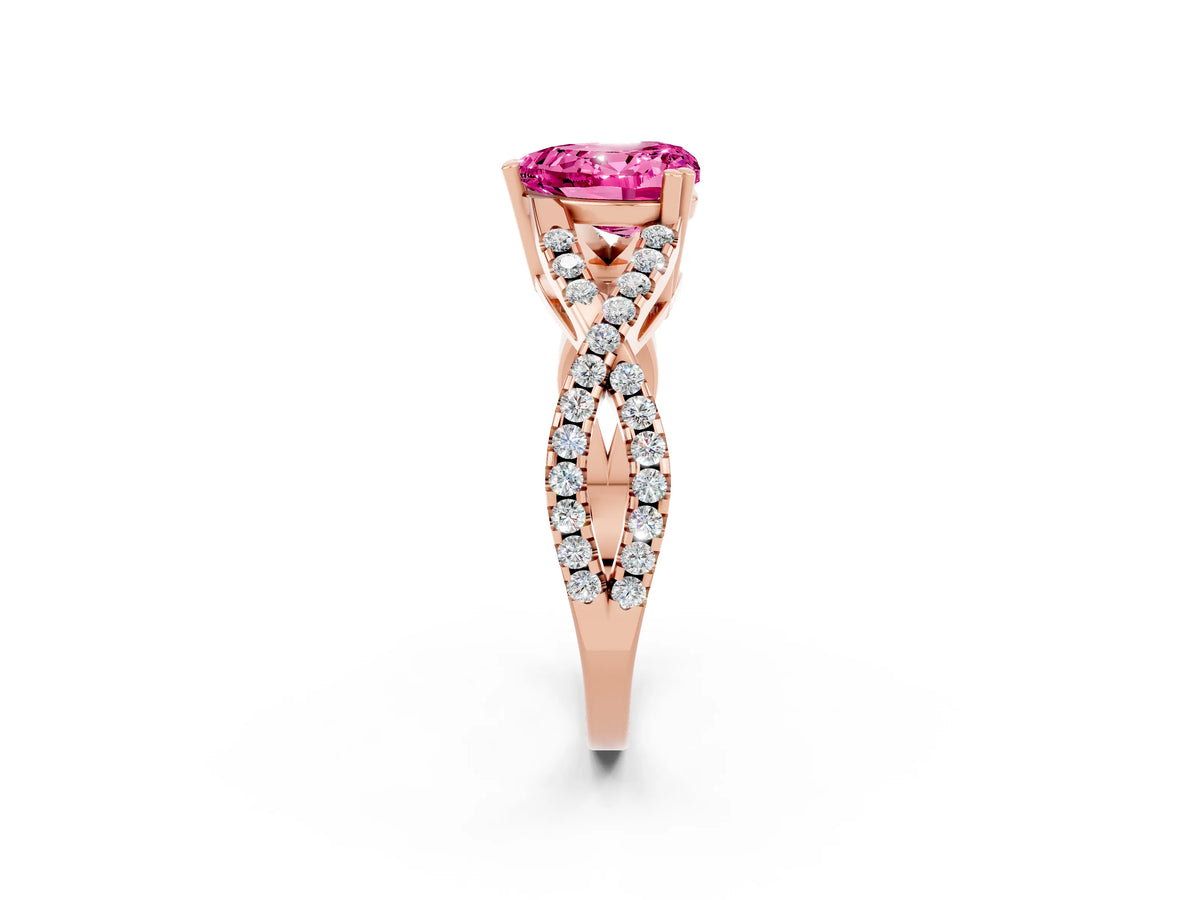 Heart Cut Pink Sapphire Solitaire Ring in Rose gold with Interwoven Pavé Band and Prong Setting_2