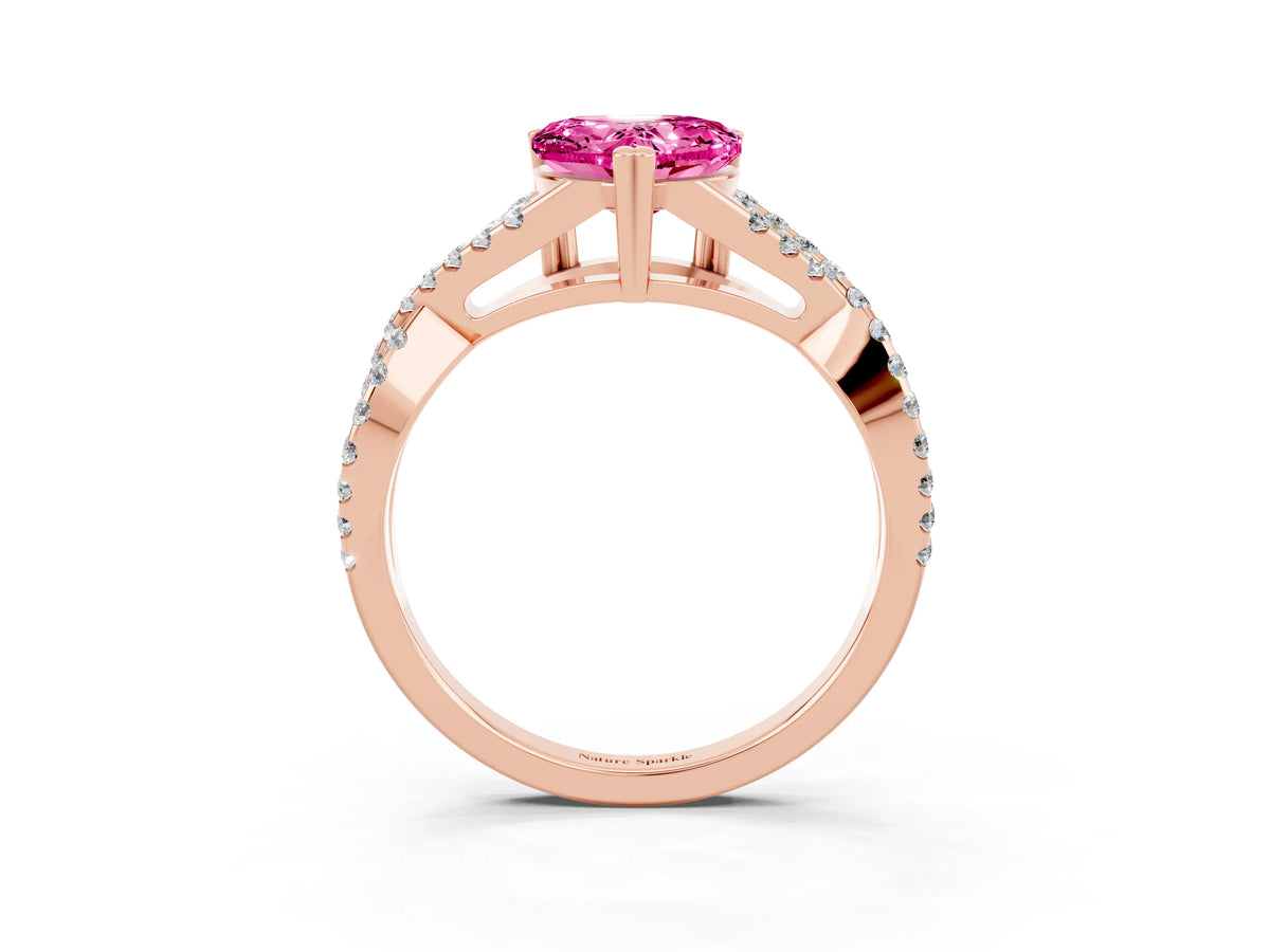 Heart Cut Pink Sapphire Solitaire Ring in Rose gold with Interwoven Pavé Band and Prong Setting_3