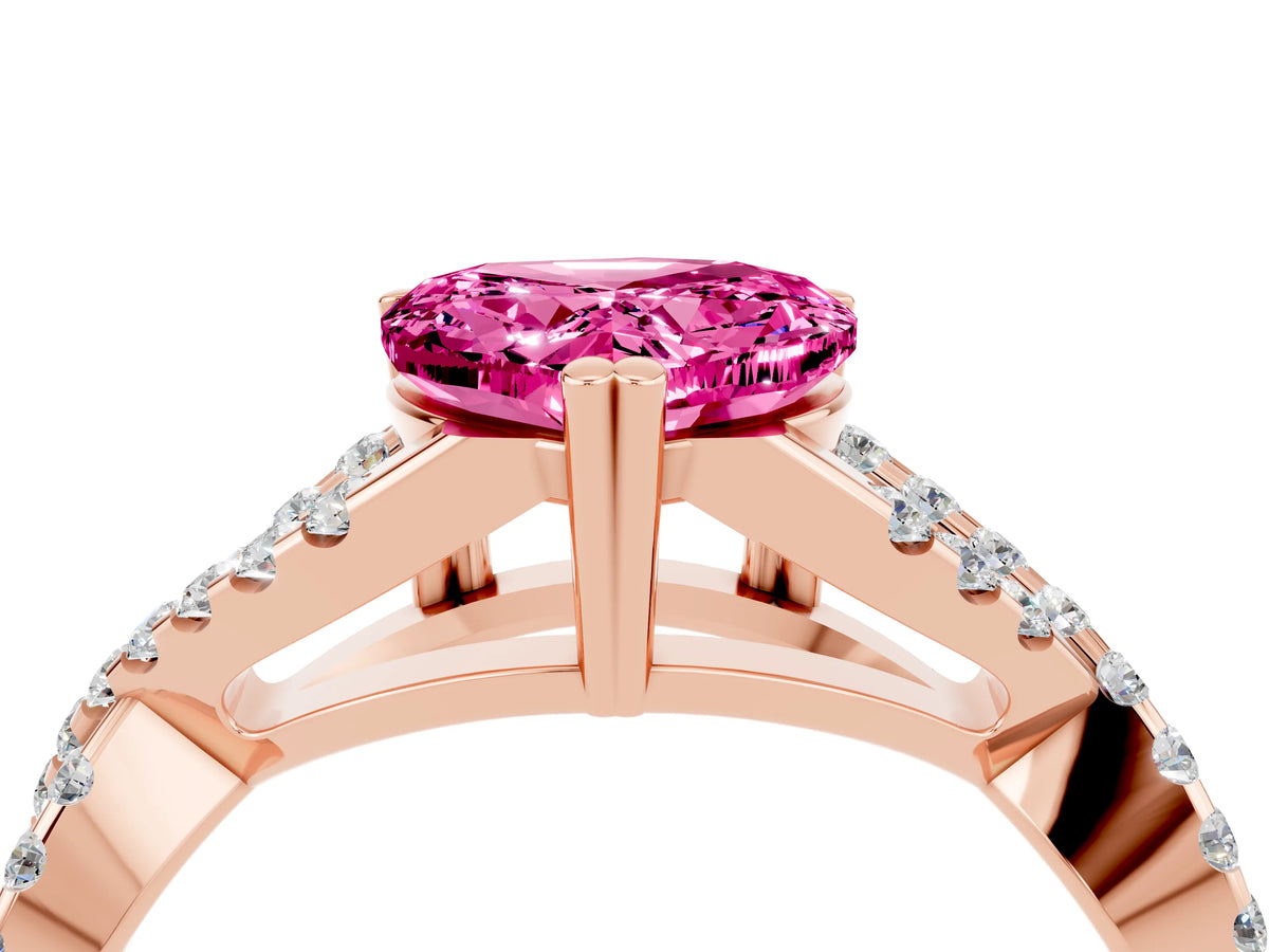 Heart Cut Pink Sapphire Solitaire Ring in Rose gold with Interwoven Pavé Band and Prong Setting_4