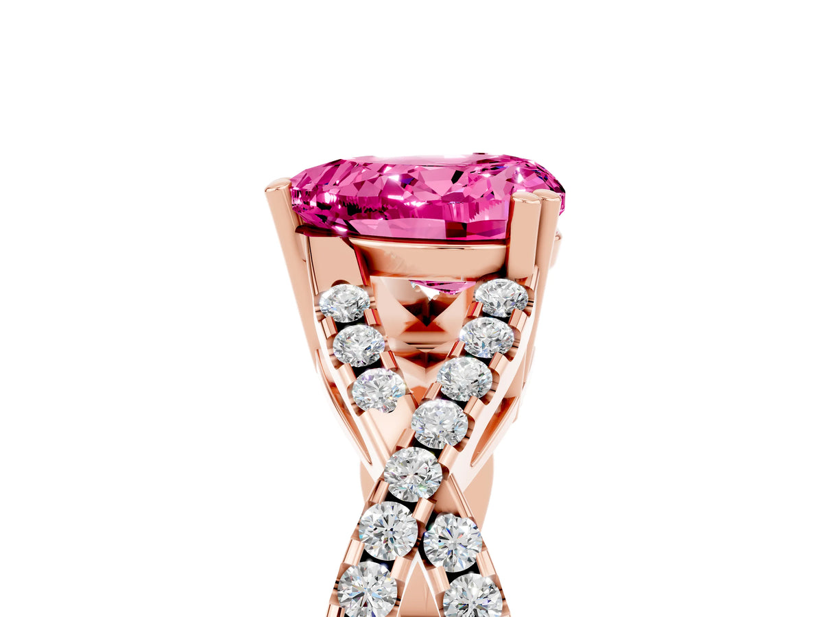 Heart Cut Pink Sapphire Solitaire Ring in Rose gold with Interwoven Pavé Band and Prong Setting_5