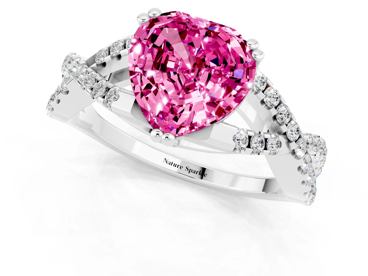 Heart Cut Pink Sapphire Solitaire Ring in White gold with Interwoven Pavé Band and Prong Setting_1