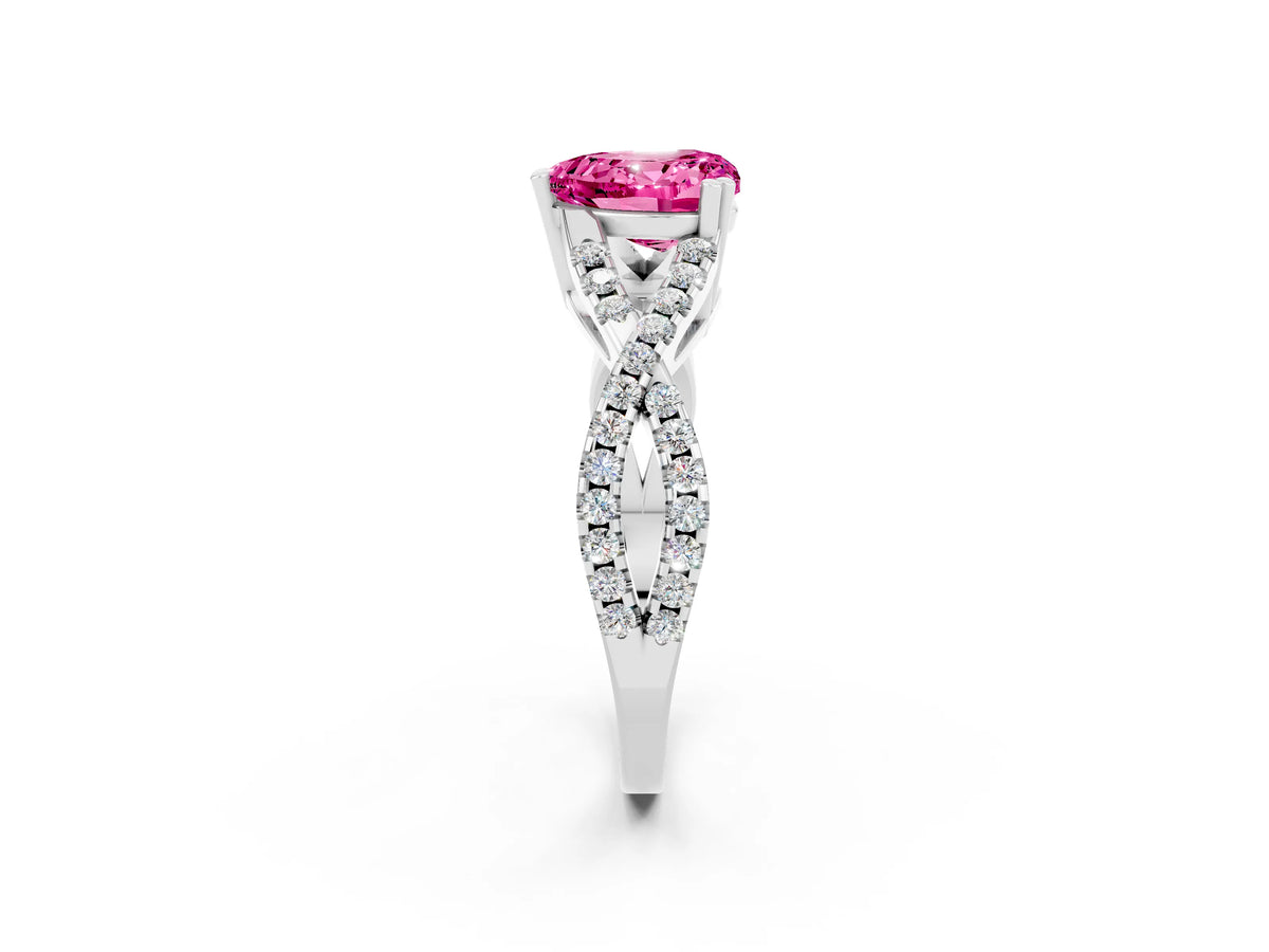 Heart Cut Pink Sapphire Solitaire Ring in White gold with Interwoven Pavé Band and Prong Setting_2