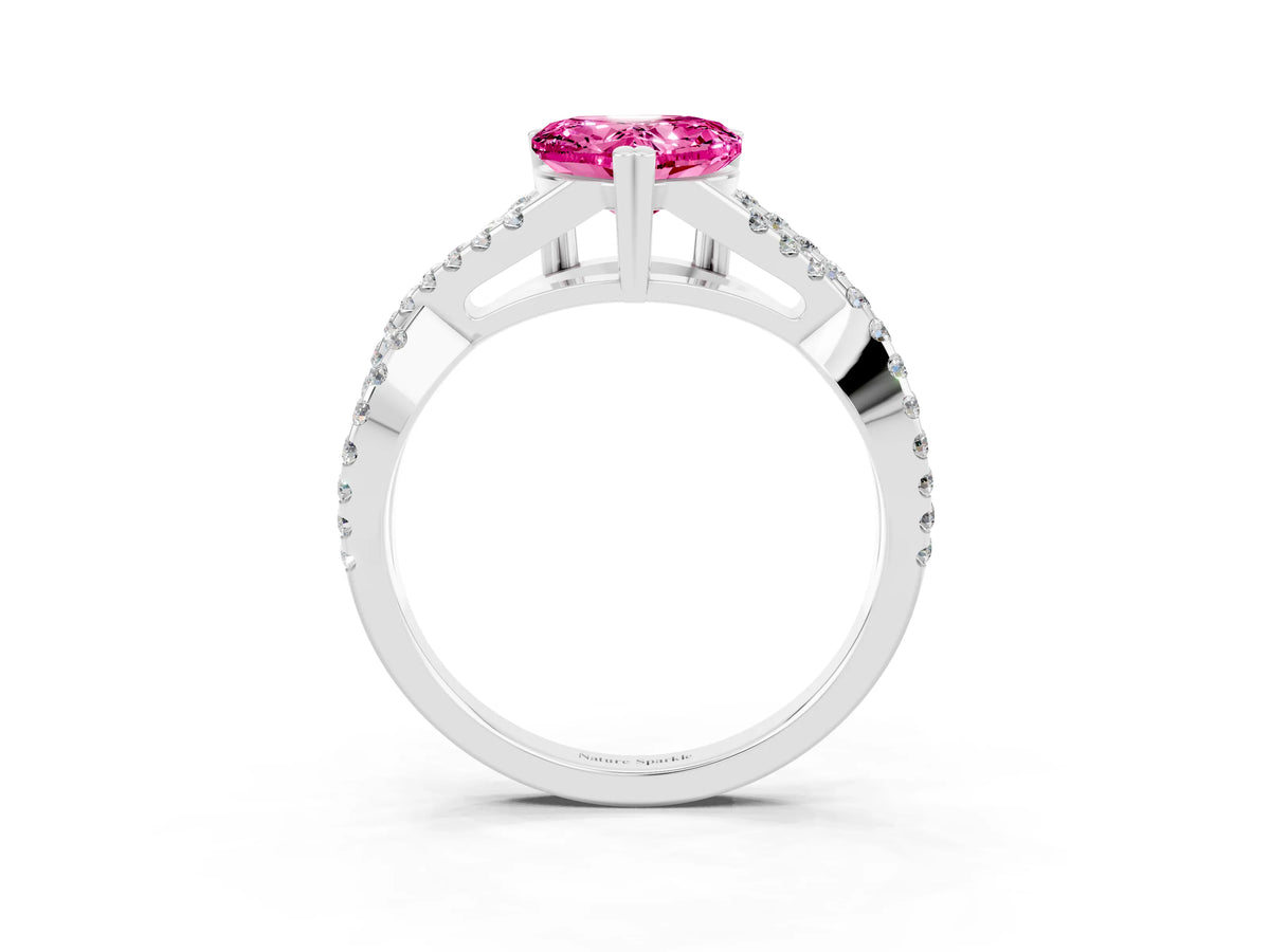 Heart Cut Pink Sapphire Solitaire Ring in White gold with Interwoven Pavé Band and Prong Setting_3