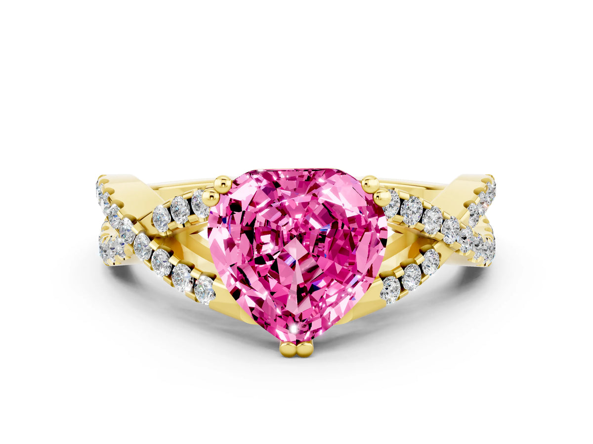 Heart Cut Pink Sapphire Solitaire Ring in Yellow gold with Interwoven Pavé Band and Prong Setting
