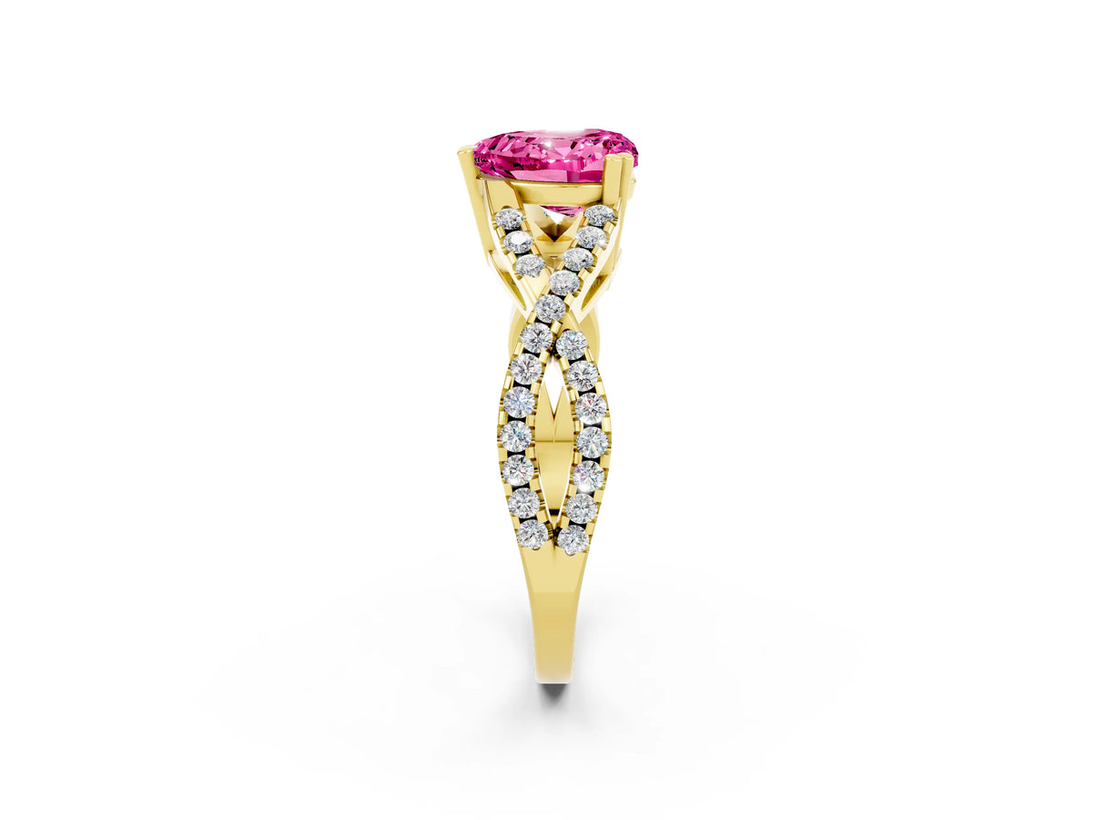 Heart Cut Pink Sapphire Solitaire Ring in Yellow gold with Interwoven Pavé Band and Prong Setting_2