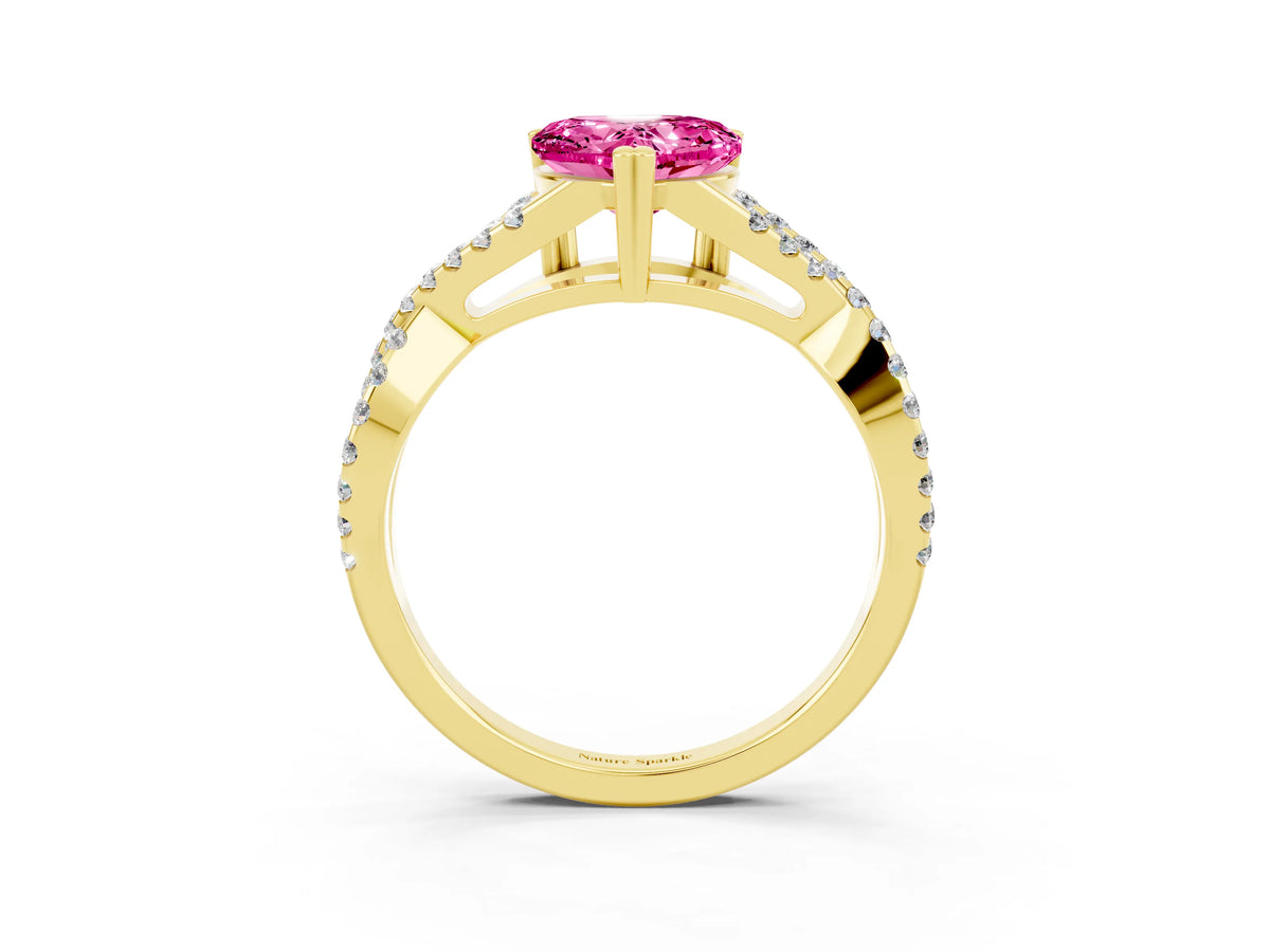 Heart Cut Pink Sapphire Solitaire Ring in Yellow gold with Interwoven Pavé Band and Prong Setting_3