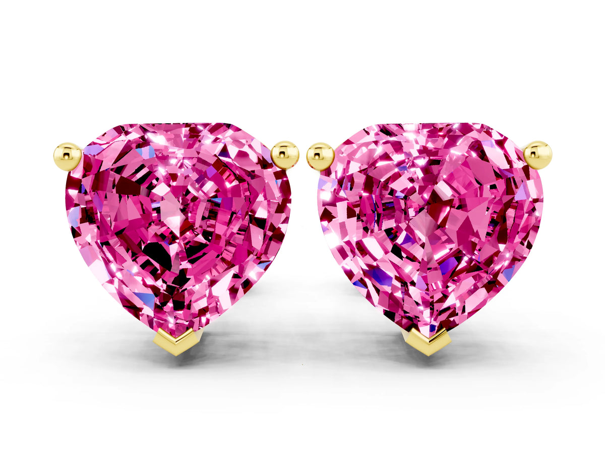 Heart Cut Pink Sapphire Stud Earrings in Yellow gold with Basket Setting