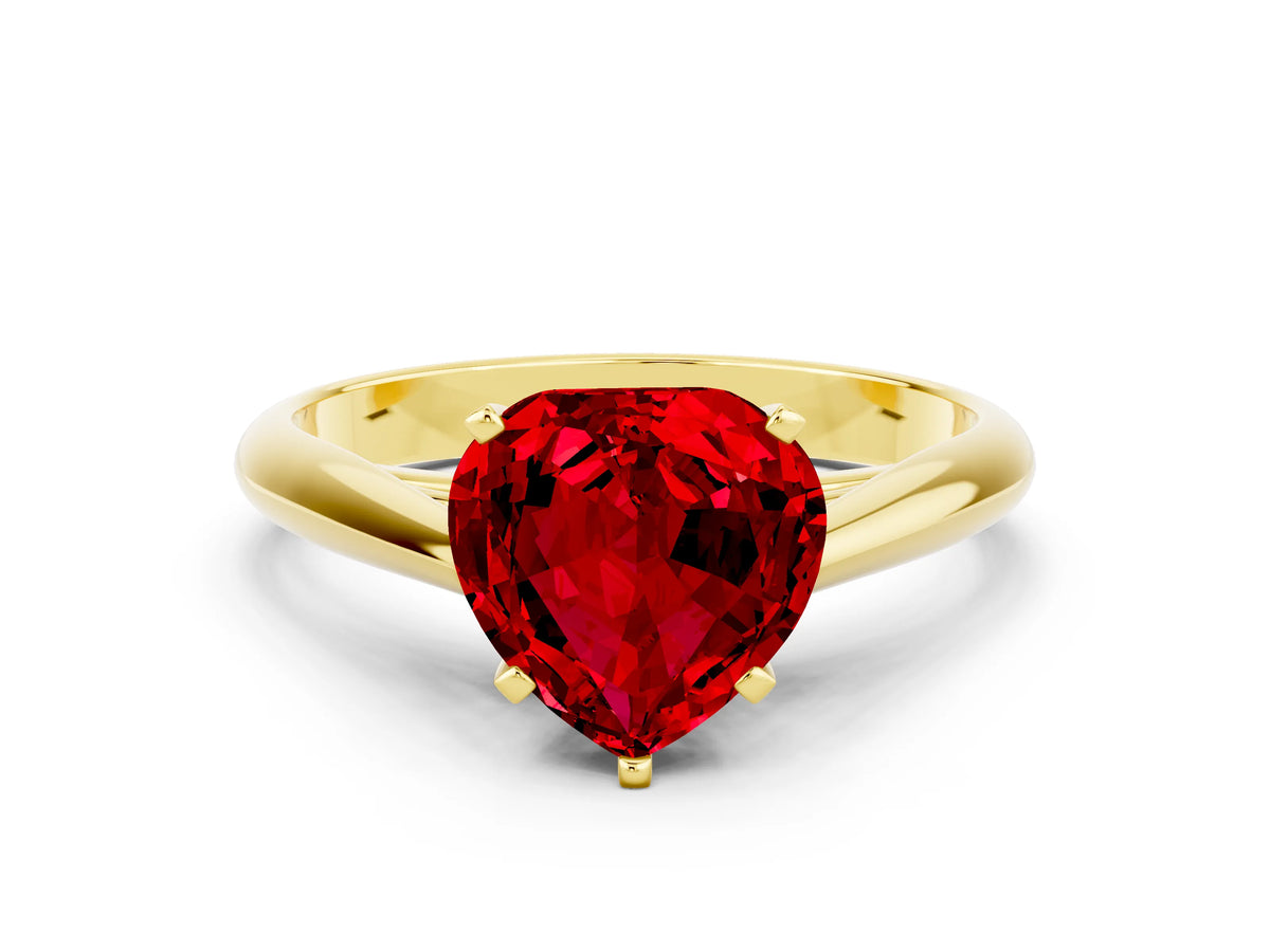 Heart Cut Ruby Cathedral Solitaire Engagement Ring in Yellow gold with Prong Setting
