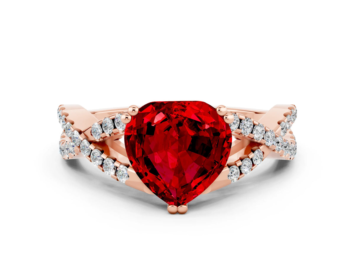 Heart Cut Ruby Solitaire Ring in Rose gold with Interwoven Pavé Band and Prong Setting