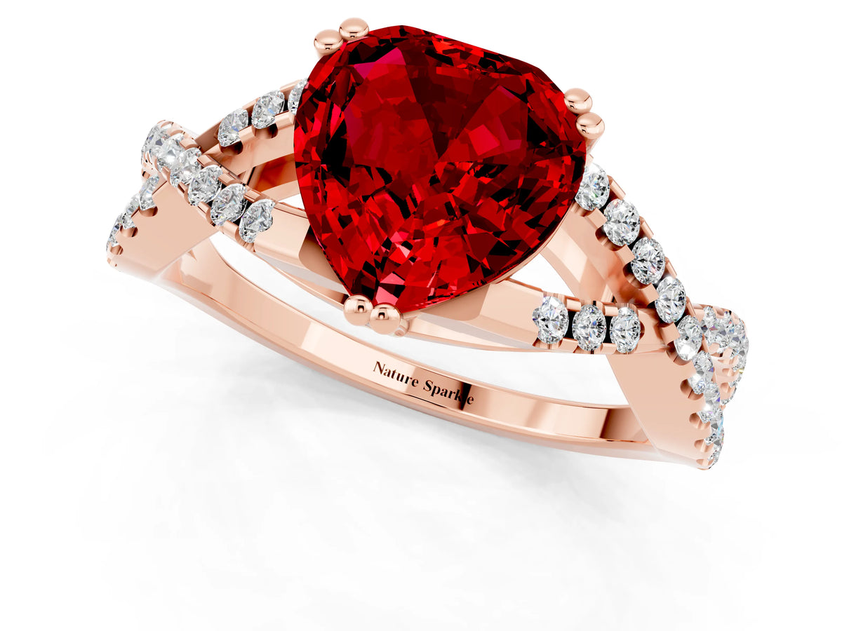 Heart Cut Ruby Solitaire Ring in Rose gold with Interwoven Pavé Band and Prong Setting_1