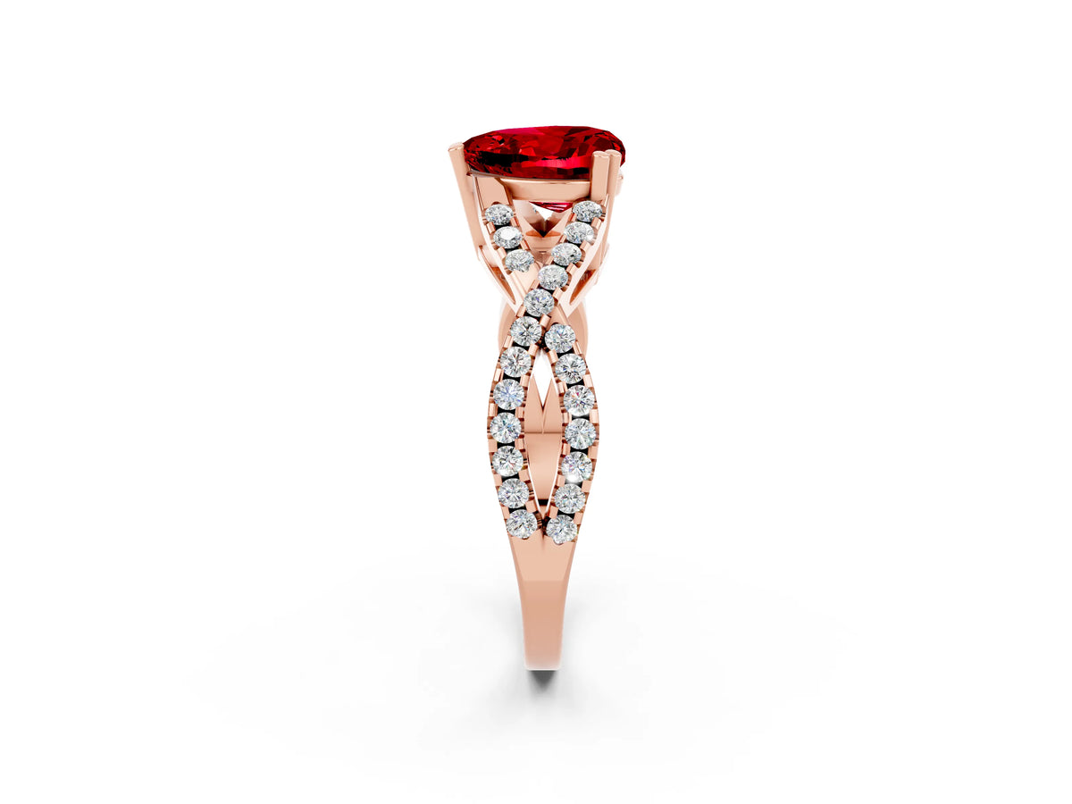 Heart Cut Ruby Solitaire Ring in Rose gold with Interwoven Pavé Band and Prong Setting_2