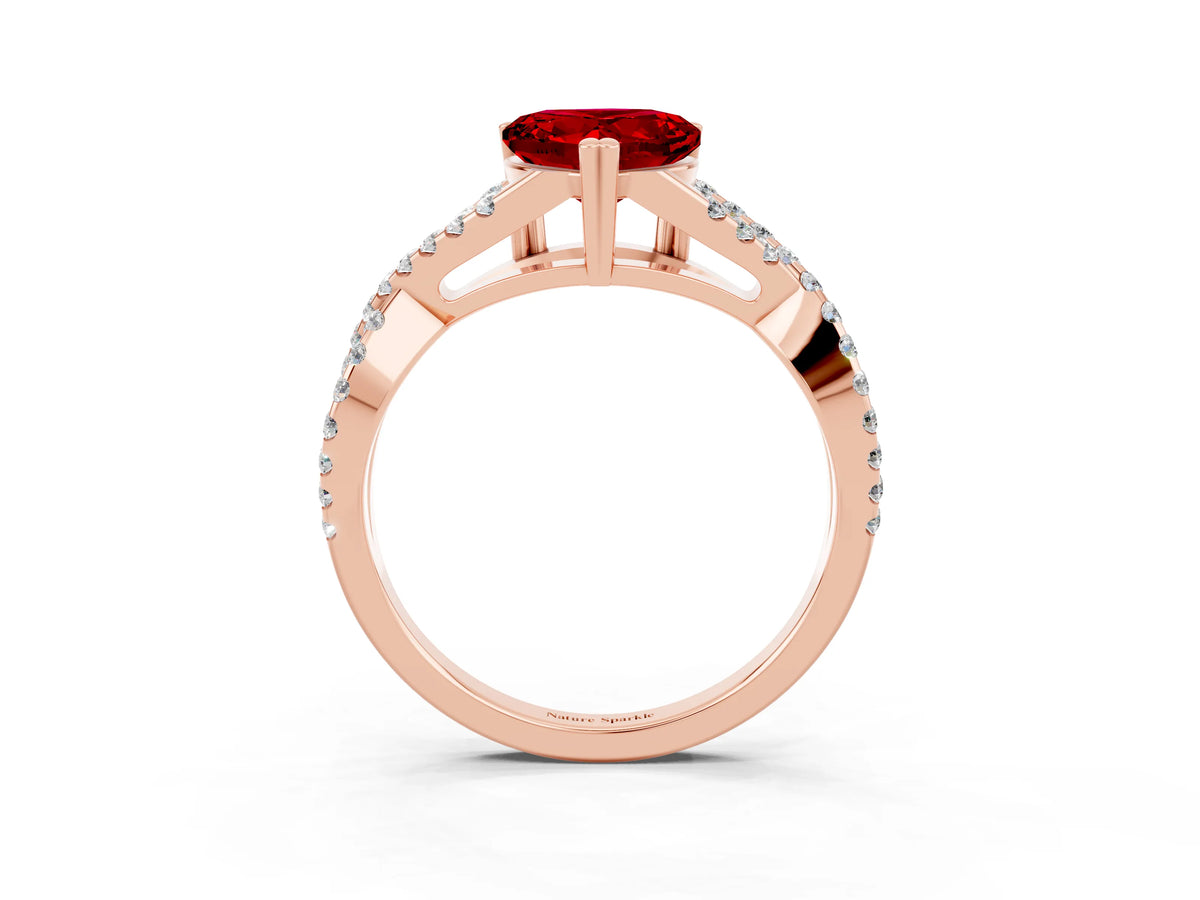 Heart Cut Ruby Solitaire Ring in Rose gold with Interwoven Pavé Band and Prong Setting_3