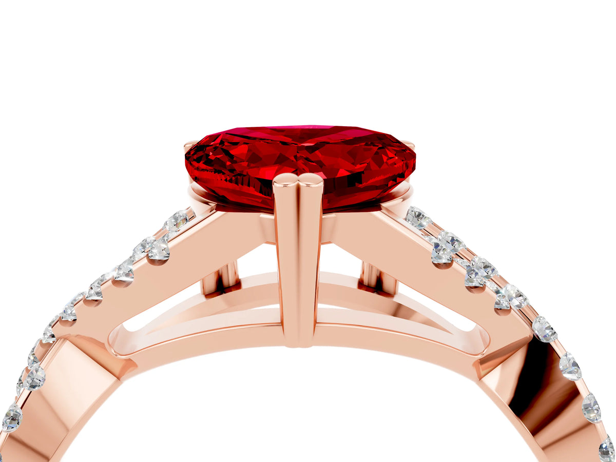 Heart Cut Ruby Solitaire Ring in Rose gold with Interwoven Pavé Band and Prong Setting_4