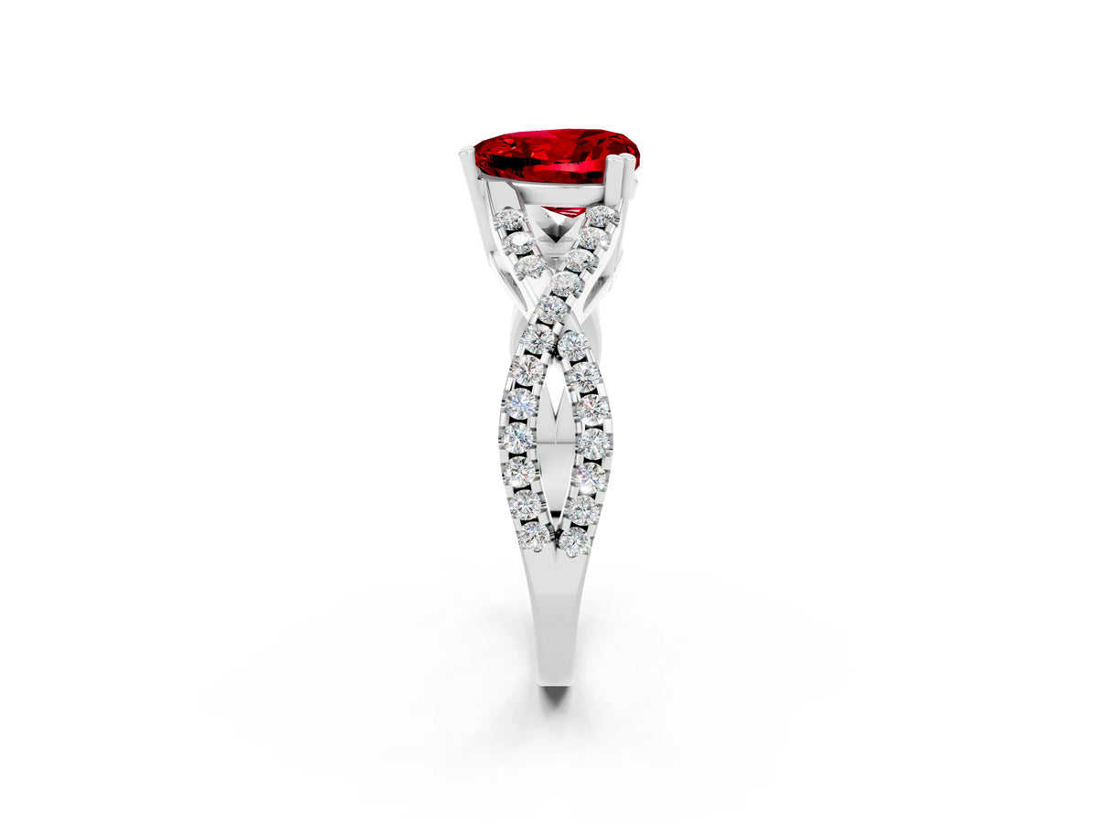 Heart Cut Ruby Solitaire Ring in Silver with Interwoven Pavé Band and Prong Setting_8