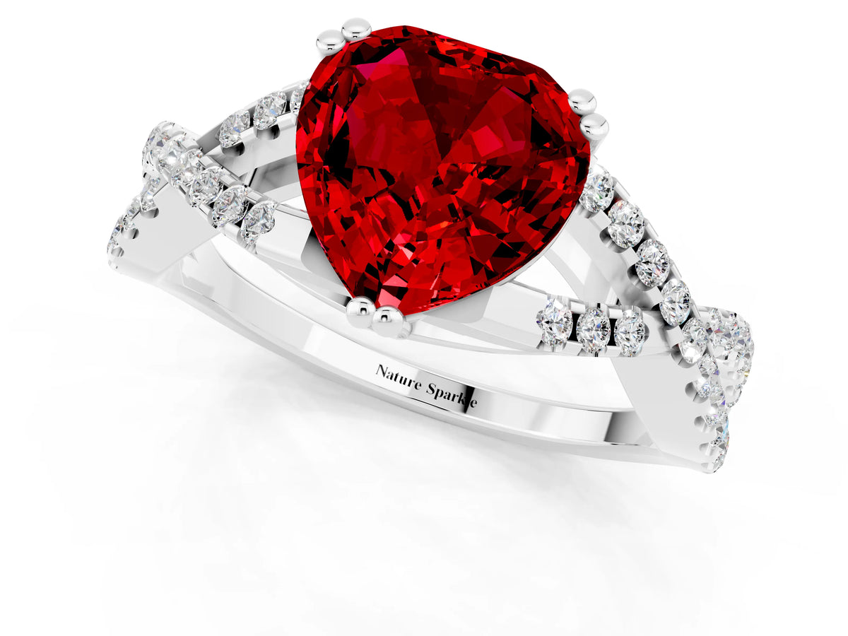 Heart Cut Ruby Solitaire Ring in White gold with Interwoven Pavé Band and Prong Setting_1
