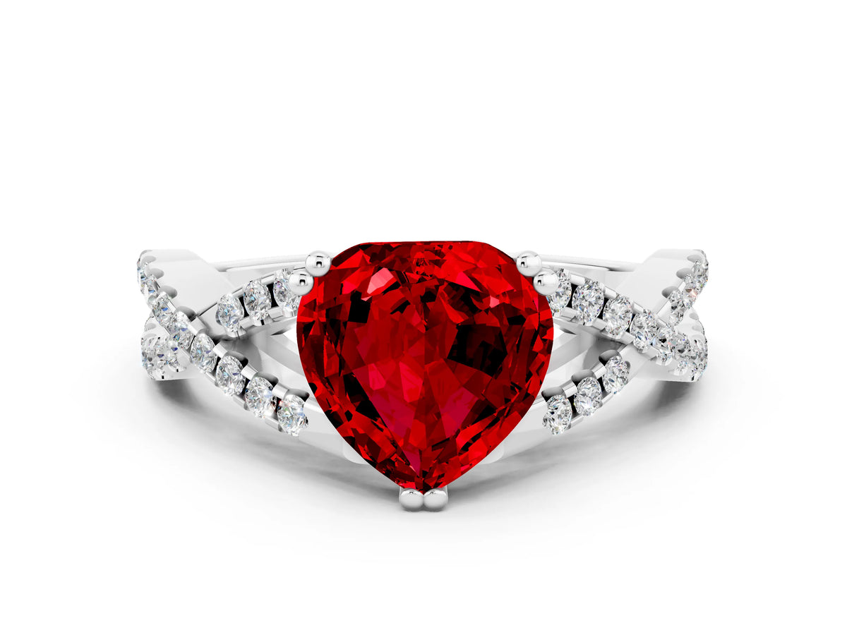 Heart Cut Ruby Solitaire Ring in White gold with Interwoven Pavé Band and Prong Setting