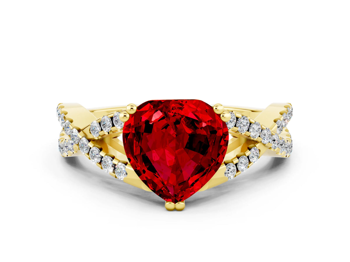 Heart Cut Ruby Solitaire Ring in Yellow gold with Interwoven Pavé Band and Prong Setting