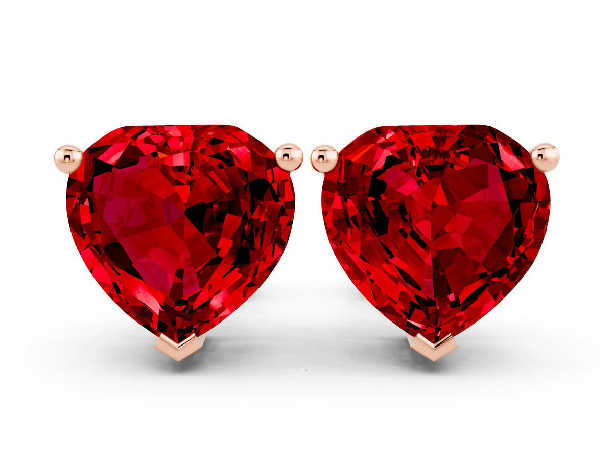 Heart Cut Ruby Stud Earrings in Rose gold with Basket Setting