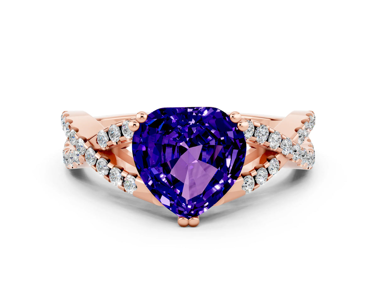 Heart Cut Tanzanite Solitaire Ring in Rose gold with Interwoven Pavé Band and Prong Setting