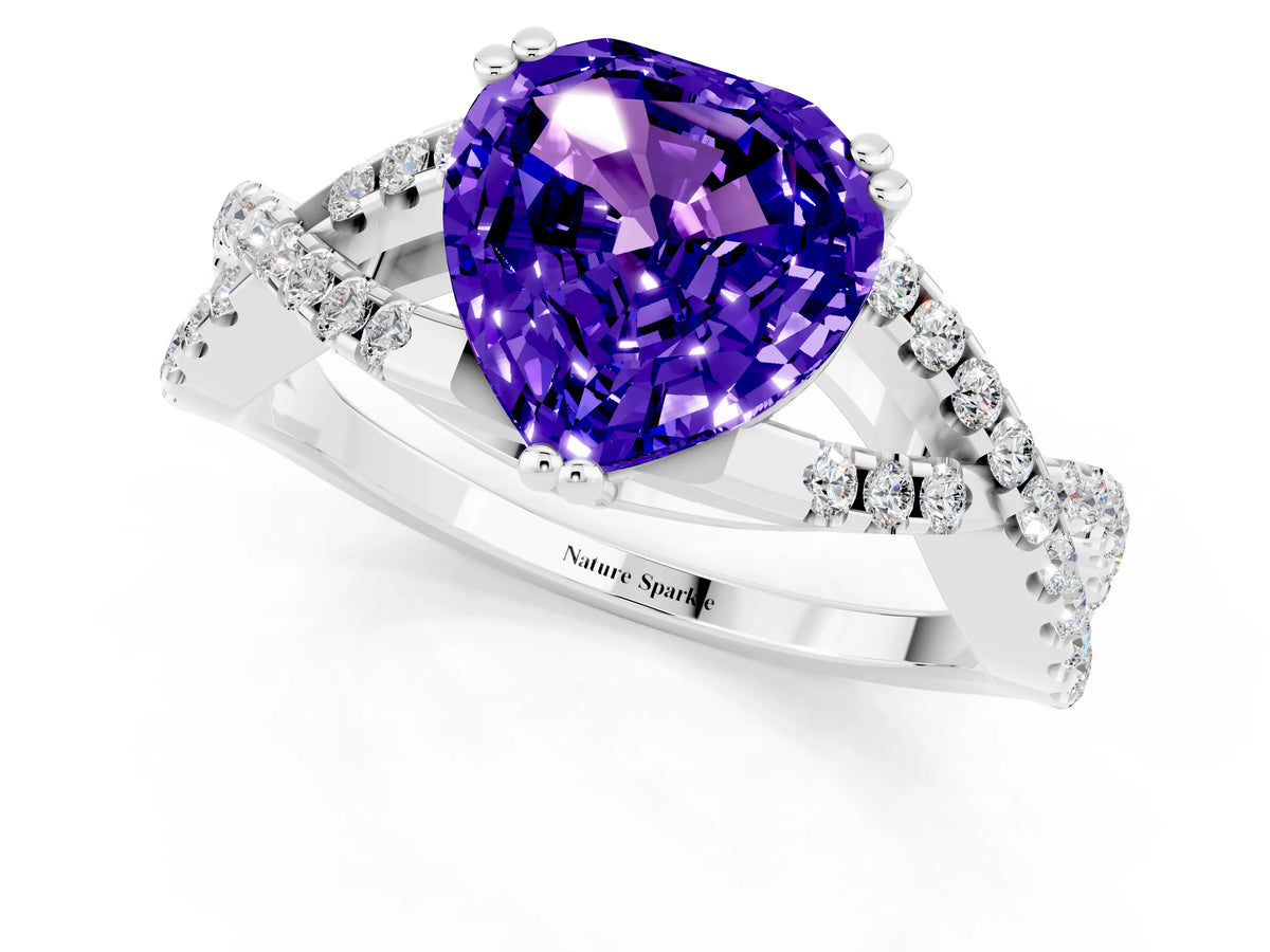 Heart Cut Tanzanite Solitaire Ring in Silver with Interwoven Pavé Band and Prong Setting_7