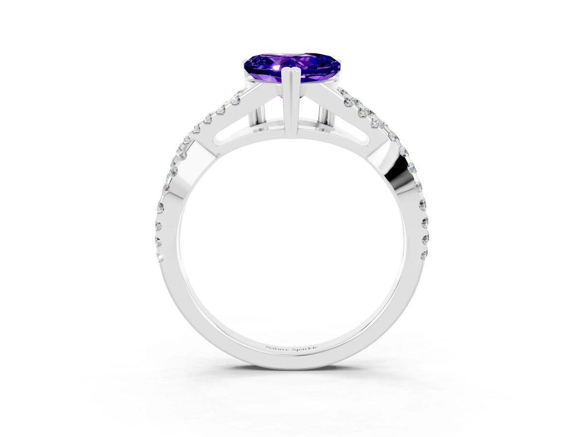Heart Cut Tanzanite Solitaire Ring in Silver with Interwoven Pavé Band and Prong Setting_9