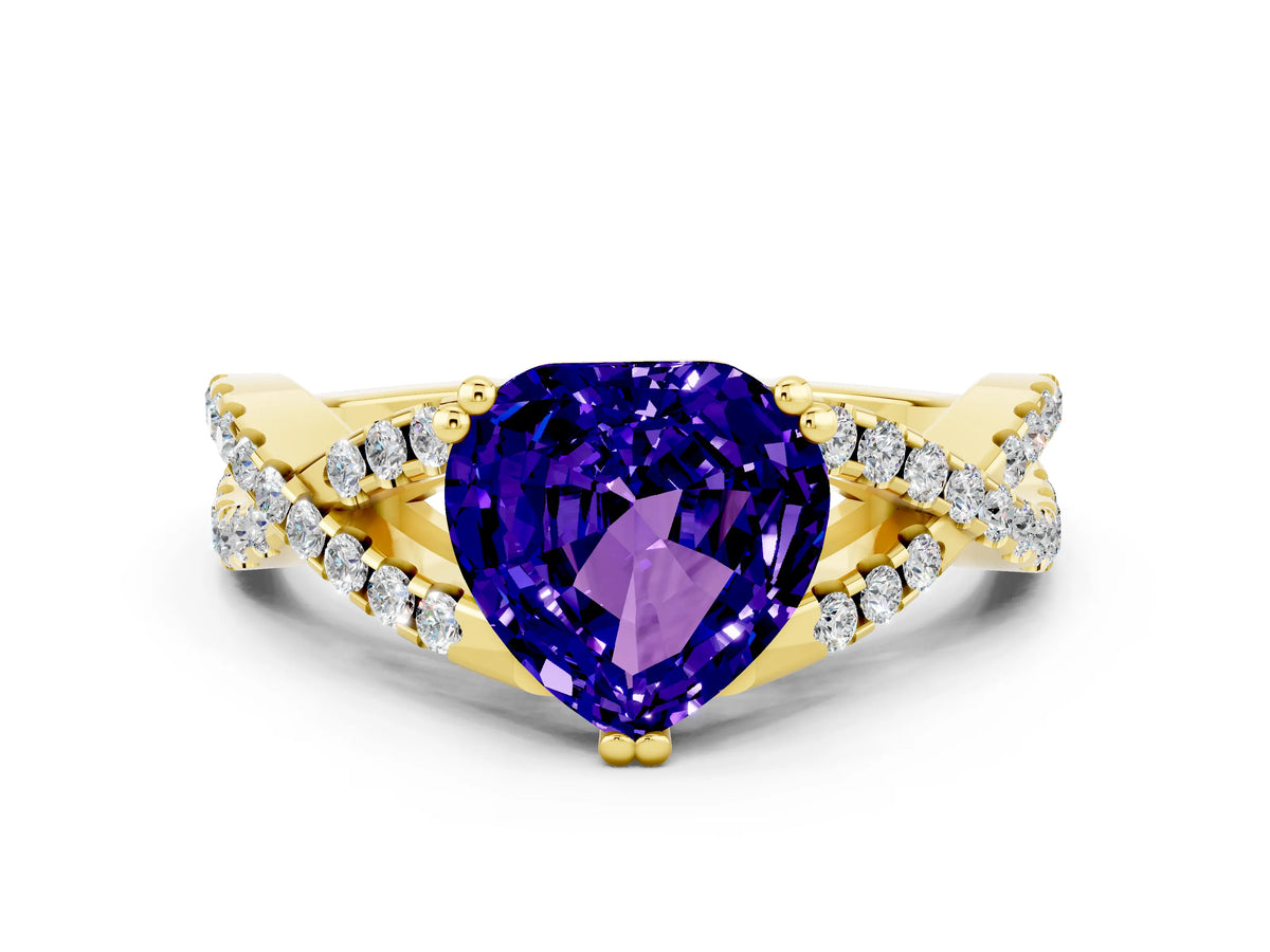 Heart Cut Tanzanite Solitaire Ring in Yellow gold with Interwoven Pavé Band and Prong Setting