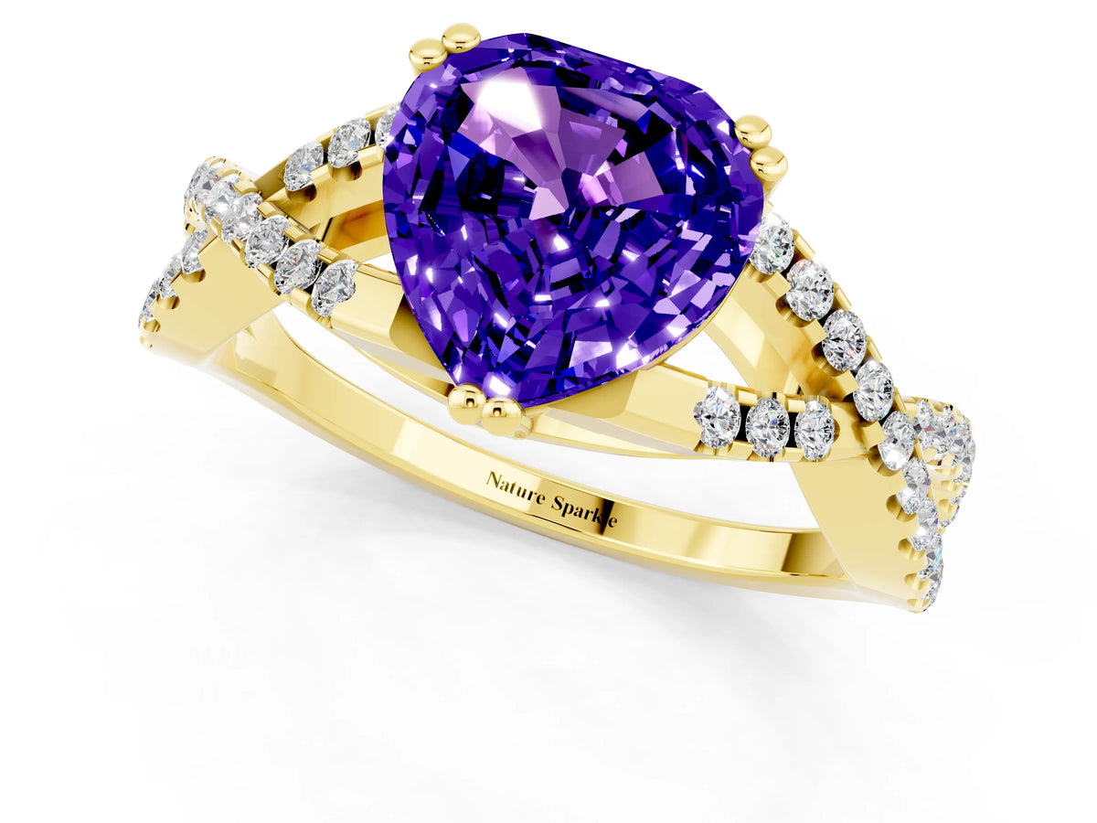 Heart Cut Tanzanite Solitaire Ring in Yellow gold with Interwoven Pavé Band and Prong Setting_1