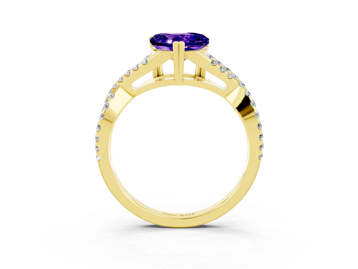 Heart Cut Tanzanite Solitaire Ring in Yellow gold with Interwoven Pavé Band and Prong Setting_3
