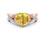 Heart Cut Yellow Sapphire Solitaire Ring in Rose gold with Interwoven Pavé Band and Prong Setting